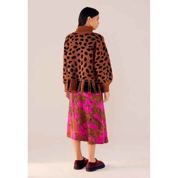 Farm Rio Leopard Fringe Sweater S Turtleneck Pullover Brown Black Knit Wool New - Picture 9 of 11